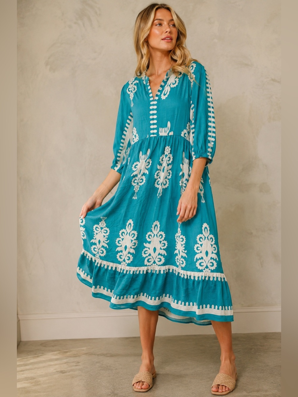 Umgee Turquoise Folk Print Boho Midi Dress 3/4 Sleeve Size Small